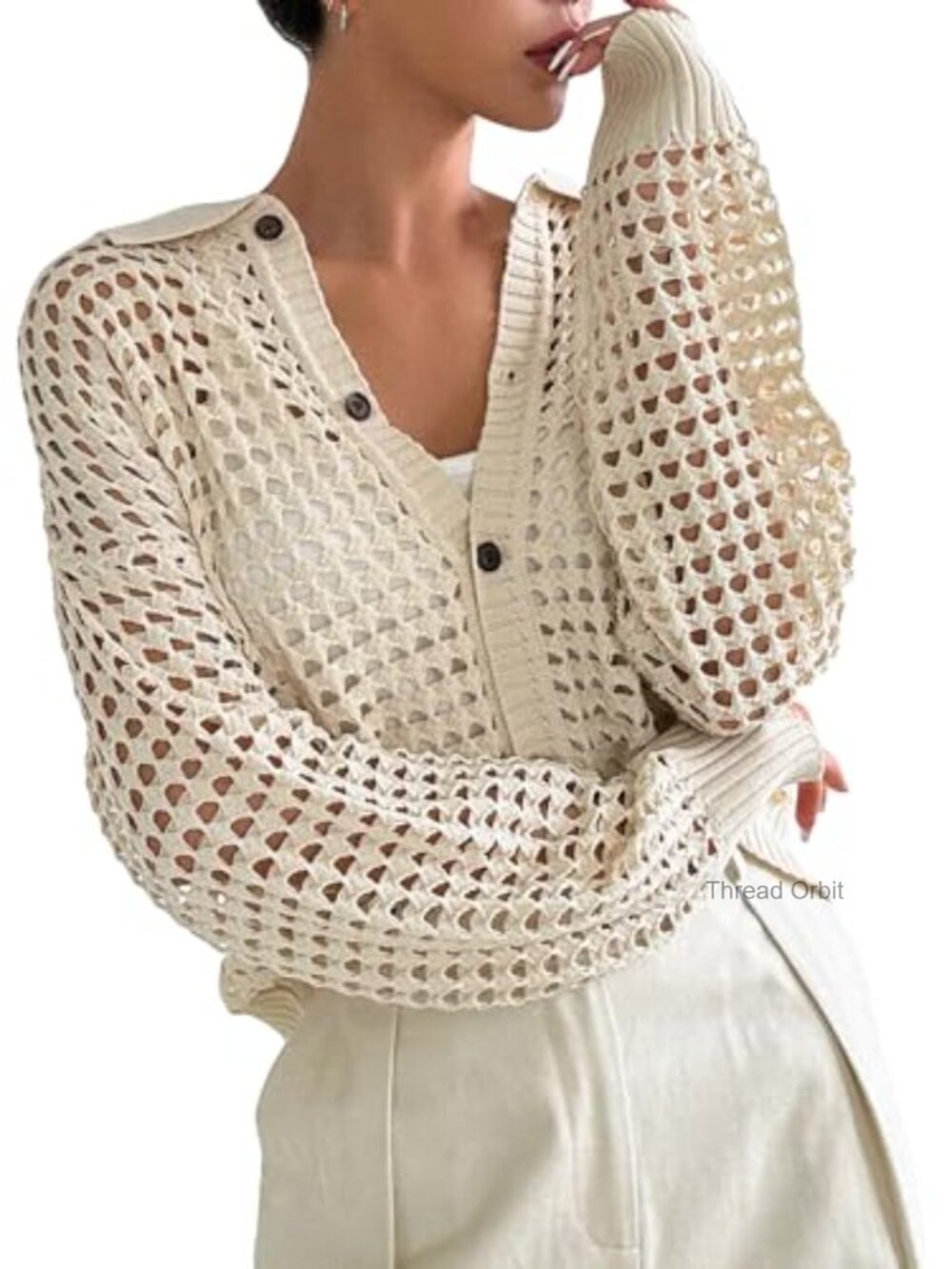 Lightweight Crochet Cardigan Sweater Button Front Loose Fit Long Sleeve - Picture 6 of 7